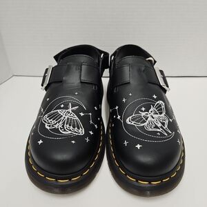 Dr. Martens Black Mules with White Embroidery